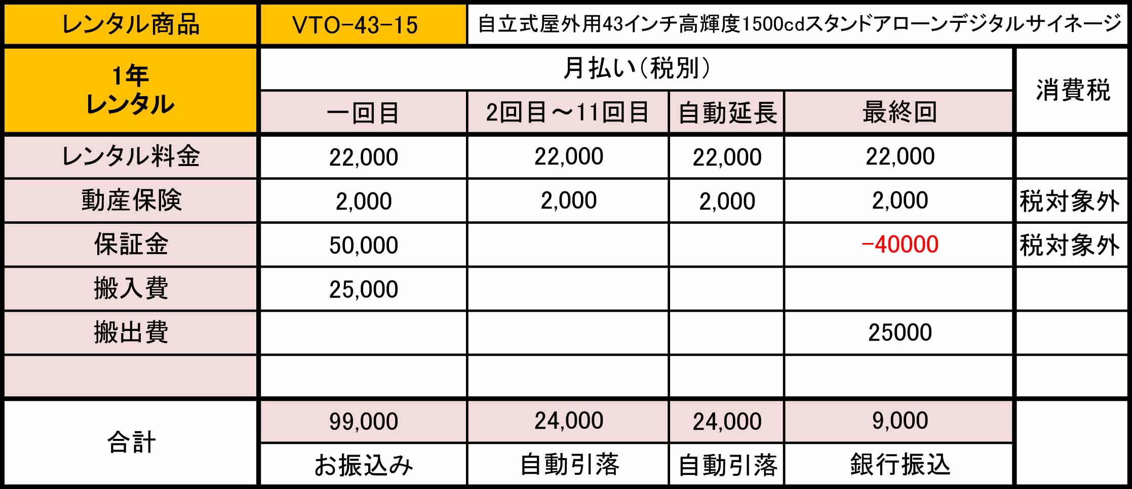 VTO-43-15　1年レンタル価格表