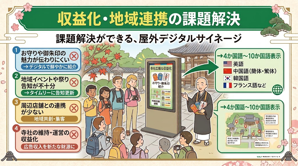 収益化の課題
お守りや御朱印の紹介不足
イベント告知不足
地域店舗との連携不足