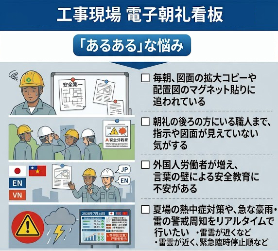 日々「安全」「工期(進捗)」「コスト」、そして「現場の労務環境や周辺住民への配慮」
人手不足・安全管理・情報共有を1台で解決
建設DX対応 朝礼電子看板
WBGT(熱中症指数)表示
朝礼資料の表示
KY活動
工程表表示
図面表示
安全教育動画
仮囲い広告
多言語表示対応
建設DX
朝礼電子看板
工事現場電子看板
工事現場デジタルサイネージ
朝礼看板
WBGT表示
仮囲い電子看板
建設現場DX
安全教育DX
多言語電子看板
建設現場サイネージ