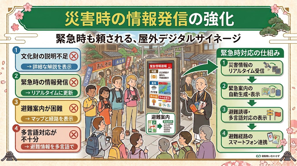 災害時の情報発信
避難案内
熱中症注意
大雨情報
地震情報