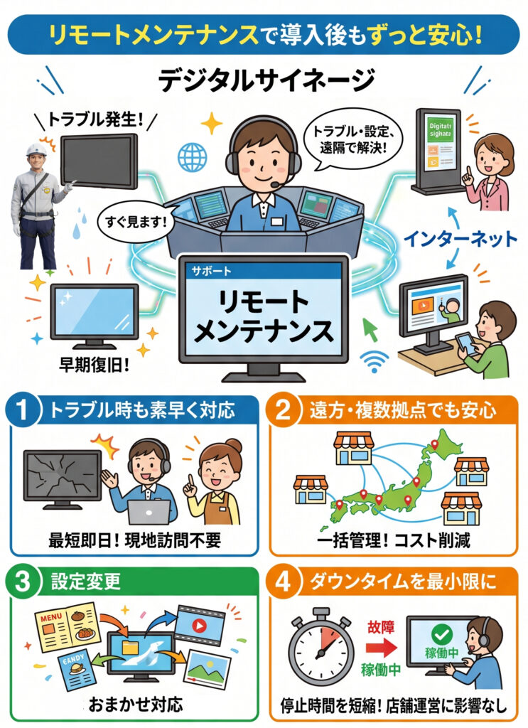 リモートメンテナンスで導入後も安心
導入後のサポート体制にも力を入れています。インターネットに接続された機種では、リモートメンテナンスに対応しており、多くのトラブルや設定変更を現地へ訪問することなく迅速にサポートできます。
お客様に喜ばれているポイント
■ トラブル時も素早く対応
「画面が正常に表示されない」「設定を変更したい」などのお困りごとにも、遠隔から状況を確認し、迅速な対応が可能です。現地訪問まで待つ必要がなく、早期復旧につながります。
■ 遠方の店舗や複数拠点でも安心
全国に複数の店舗や拠点をお持ちのお客様でも、各拠点のサイネージを遠隔でサポートできるため、管理の手間や移動コストを削減できます。
■ コンテンツ更新や設定変更も遠隔対応
表示内容の更新やスケジュール変更、各種設定の調整もリモートで対応可能です。お客様ご自身で操作が難しい場合でも、専門スタッフがサポートします。
■ ダウンタイムを最小限に
万が一のトラブル発生時も、原因の切り分けや復旧作業を遠隔で行えるため、サイネージが停止する時間をできるだけ短くし、店舗運営への影響を最小限に抑えます。