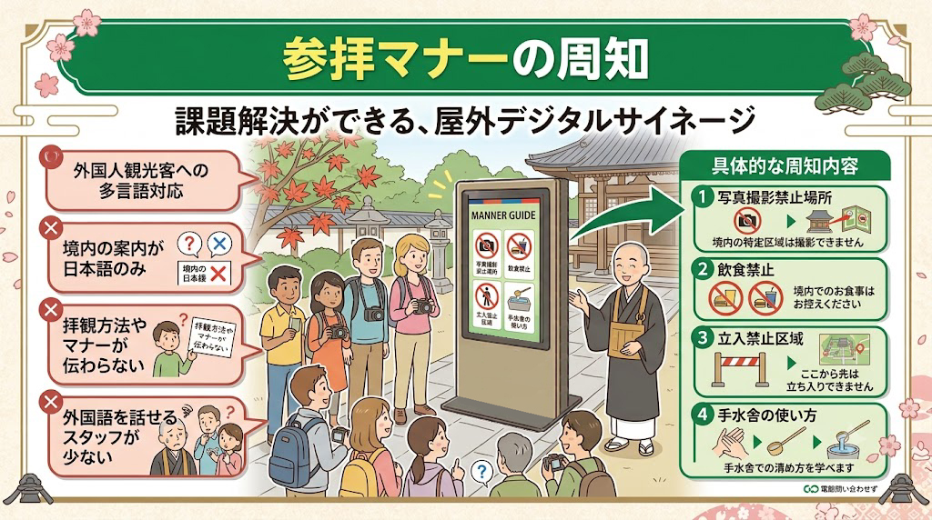 参拝マナーの周知
写真撮影禁止場所
飲食禁止
立入禁止区域
手水舎の使い方

→動画で分かりやすく表示できます。