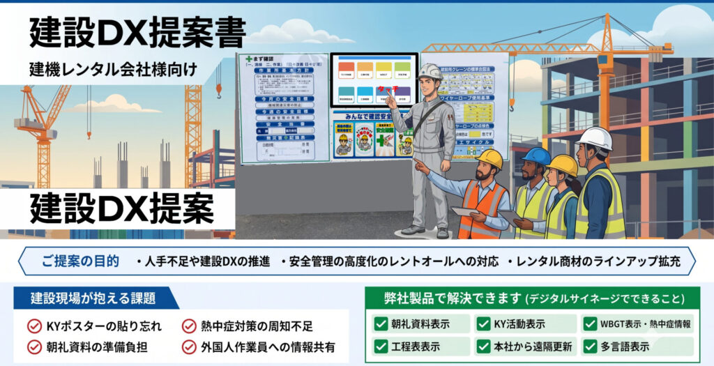 建設DX提案書
建機レンタル会社様向け
「建設DXデジタルサイネージ(朝礼・安全掲示システム)」取扱提案書
ご提案の目的
建設業界では人手不足や建設DXの推進、安全管理の高度化が求められています。
一方で建機レンタル会社様は、従来の建設機械だけでは差別化が難しくなっており、「ICT施工」「DX商品」「安全管理商品」のラインアップ拡充が重要になっています。
そこで弊社は、建設現場の安全管理・情報共有をデジタル化する
「建設DXデジタルサイネージ(朝礼・安全掲示システム)」
を新たなレンタル商材としてご提案いたします。
建設現場が抱える課題
現場では次のような課題があります。
✓ KYポスターの貼り忘れ
✓ 掲示期限切れ
✓ 朝礼資料の準備負担
✓ 熱中症対策の周知不足
✓ 外国人作業員への情報共有
✓ 本社からの安全通達の伝達遅れ
✓ 印刷・掲示・撤去作業
✓ ペーパーレス化への対応
✓ 建設DXへの対応
弊社製品で解決できます
デジタルサイネージでできること
・朝礼資料表示
・KY活動表示
・工程表表示
・安全目標
・ヒヤリハット
・熱中症情報
・WBGT表示
・施工図面表示
・災害情報
・本社から遠隔更新
・動画による安全教育
・多言語表示