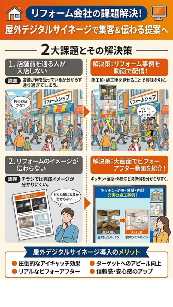 リフォーム会社の課題と屋外デジタルサイネージによる解決策のチラシを、作ってください。
1. 店舗前を通る人が入店しない
課題
店舗が何を扱っているか分からず通り過ぎてしまう。
解決策
リフォーム事例を動画で流し、施工前・施工後を見せることで興味を引く。
2. リフォームのイメージが伝わらない
課題
チラシでは完成イメージが分かりにくい。
解決策
キッチン・浴室・外壁などのビフォーアフター動画を大画面で紹介する。