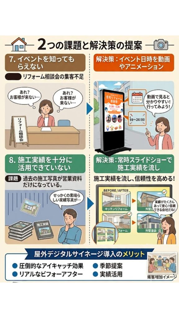 7. イベントを知ってもらえない
課題
リフォーム相談会の集客不足。
解決策
イベント日時を動画やアニメーションで告知し来場を促進する。
8. 施工実績を十分に活用できていない
課題
過去の施工写真が営業資料だけになっている。
解決策
常時スライドショーで施工実績を流し、信頼性を高める。