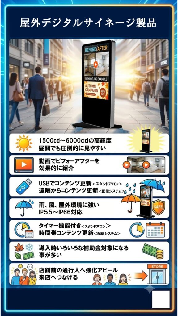 3000cdの高輝度で昼間でも見やすい
動画でビフォーアフターを効果的に紹介
USBだけで簡単にコンテンツ更新
雨や屋外環境でも使えるIP66対応
タイマー機能で営業時間に合わせた自動運転
季節ごとのキャンペーンや補助金情報をすぐに変更可能
店舗前の通行人へ強力にアピールし、来店・問い合わせにつなげる