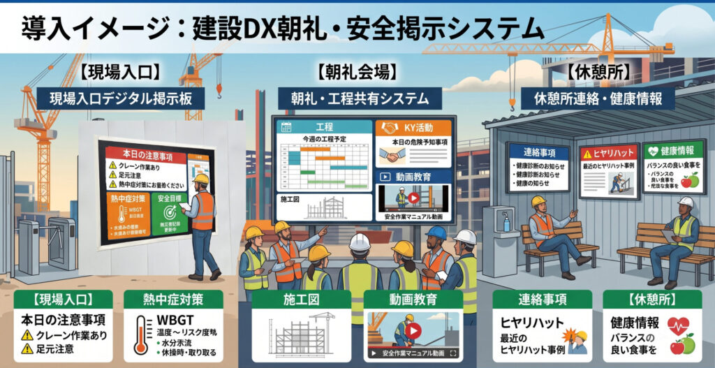 導入イメージ
【現場入口】
・本日の注意事項
・熱中症対策
・安全目標
【朝礼会場】
・工程
・KY活動
・施工図
・動画教育
【休憩所】
・連絡事項
・ヒヤリハット
・健康情報