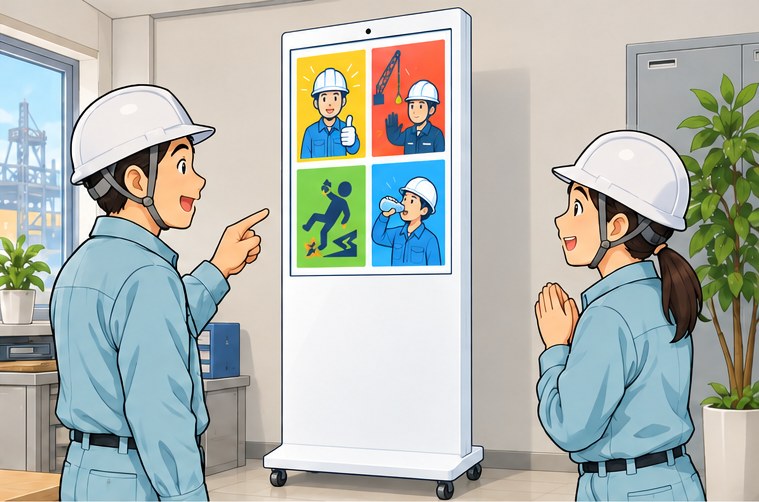 白い縦型サイネージを設置した事務所