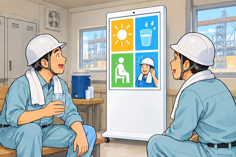 詰所でサイネージを見る作業員