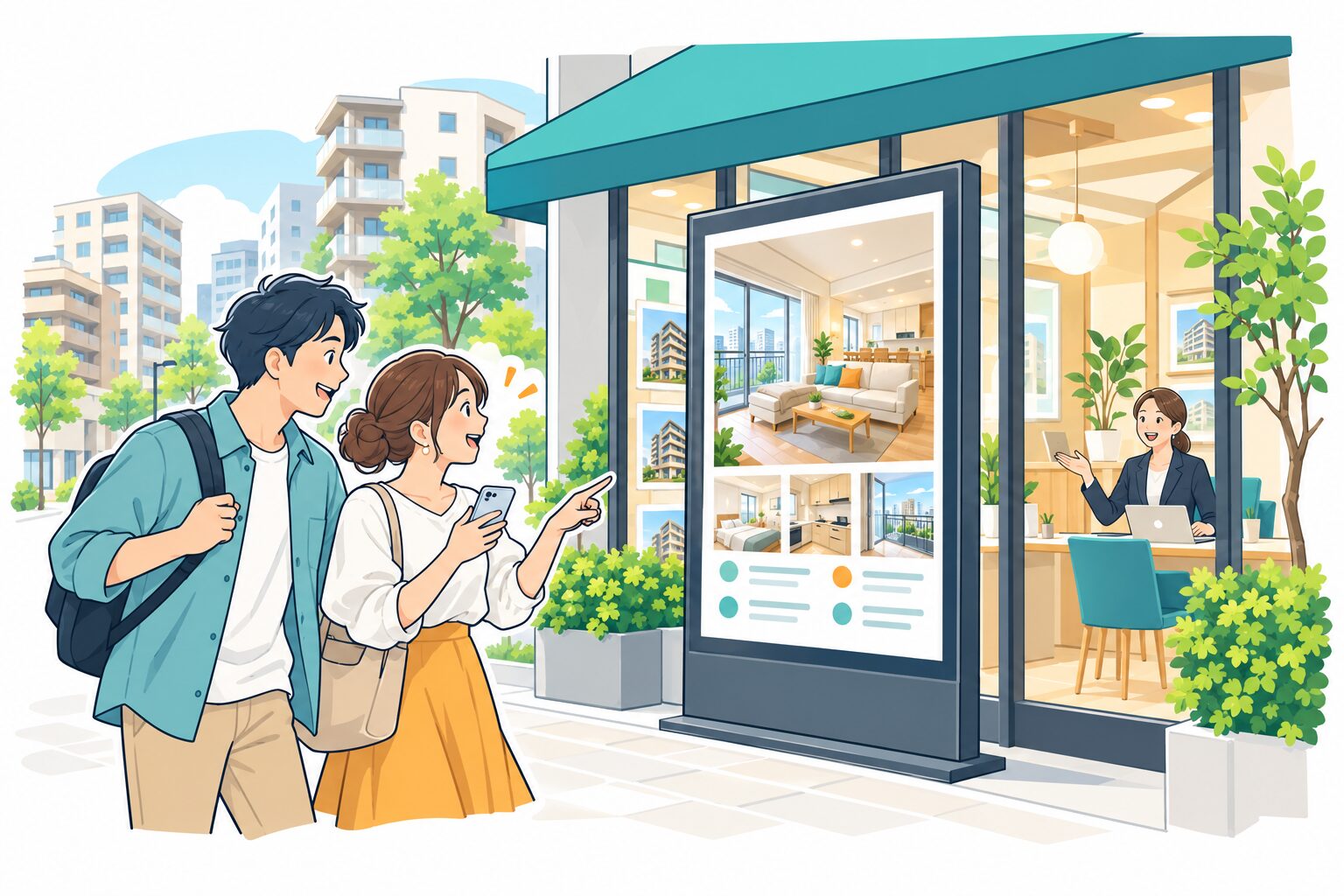 不動産会社の店頭で、カップルが電子看板の物件紹介を見てスマートフォンで相談しようとしているイラスト